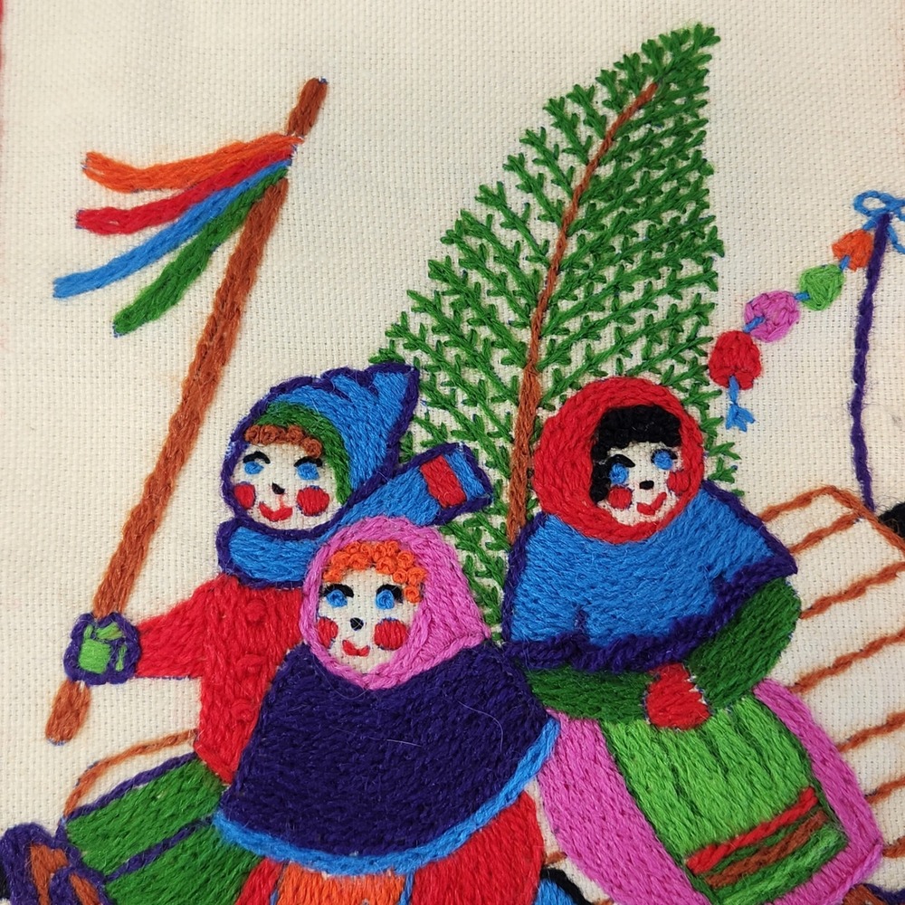 Vintage Hand‎ Embroidered Winter Wall Hangings Set 2 Snowman Sledding Folk Art - Picture 4 of 8